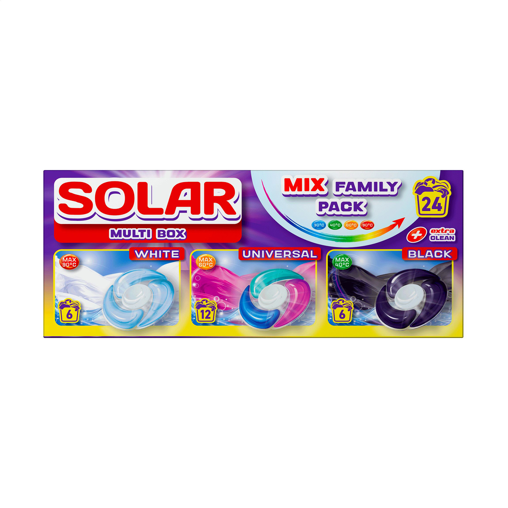 Капсули для прання Solar Multi Box White + Universal + Black, 24 цикли прання, 24 шт